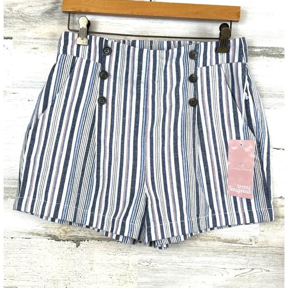 Simply Blessed Womens L Navy Blue White Striped High Waisted Sailor Shorts NWT